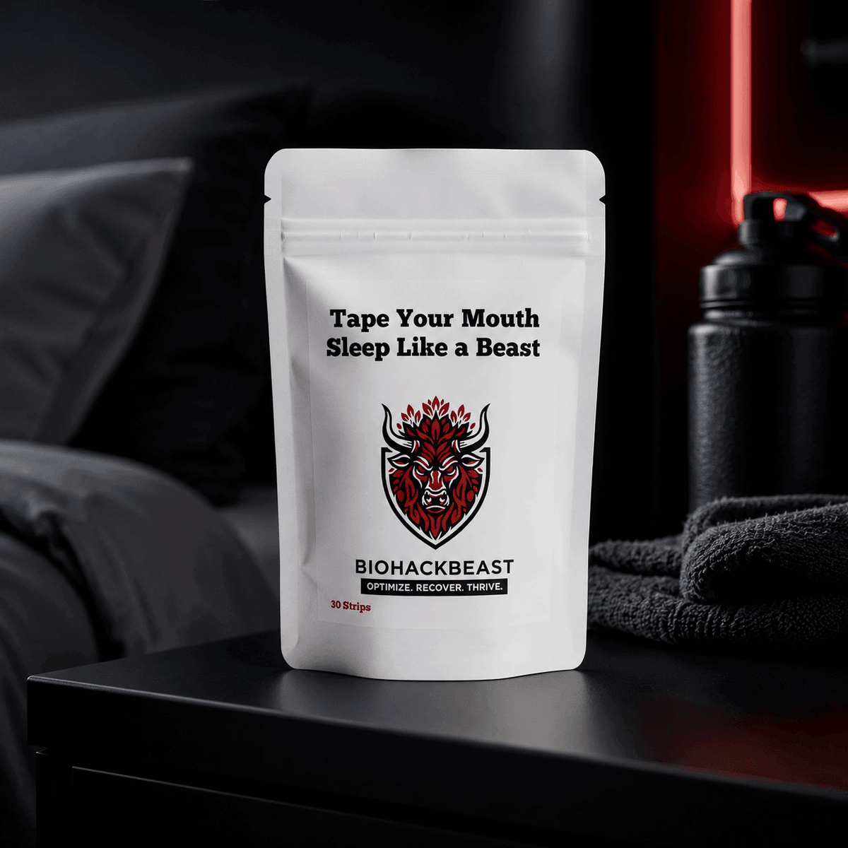 BiohackBeast mouth tape for sleep on a black nightstand, designed to support nasal breathing and reduce mouth breathing linked to dry mouth or snoring.