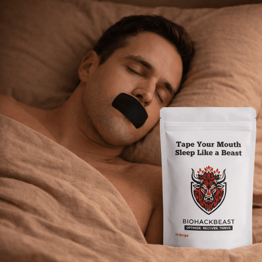 Man sleeping with BiohackBeast mouth tape to support nasal breathing during sleep.
